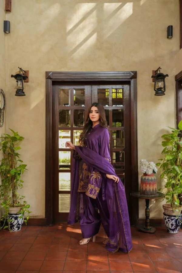 GULNAAR Silk Shirt & Farshi Shalwar Embroidered Organza Dupatta Eid Luxury Collection 1