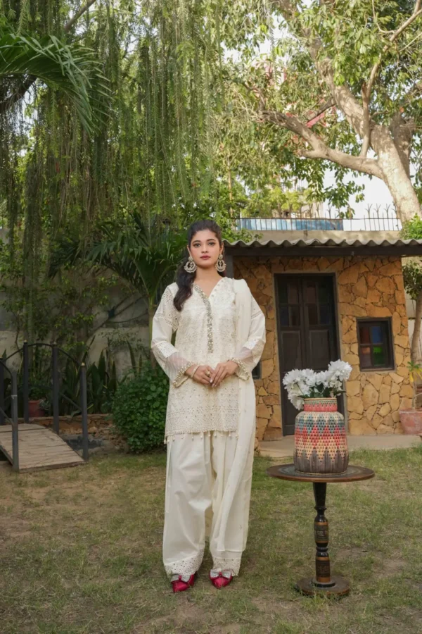 MEHRUNISA Chikankari Lawn Shirt with Embroidered Chiffon Dupatta Eid Luxury Collection 1